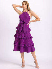 WOMEN'S SLEEVELESS HALTER NECK RUFFLE TIERED LACE SELF TIE MIDI DRESS