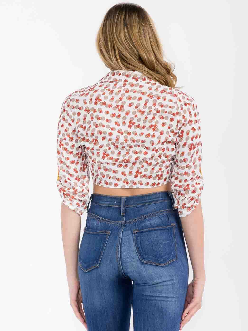 WOMEN'S 3/4 SLEEVE SELF TIE MULTI PRINT CROP TOP