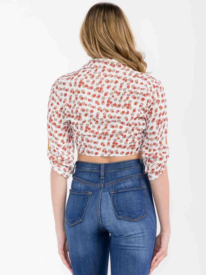 WOMEN'S 3/4 SLEEVE SELF TIE MULTI PRINT CROP TOP