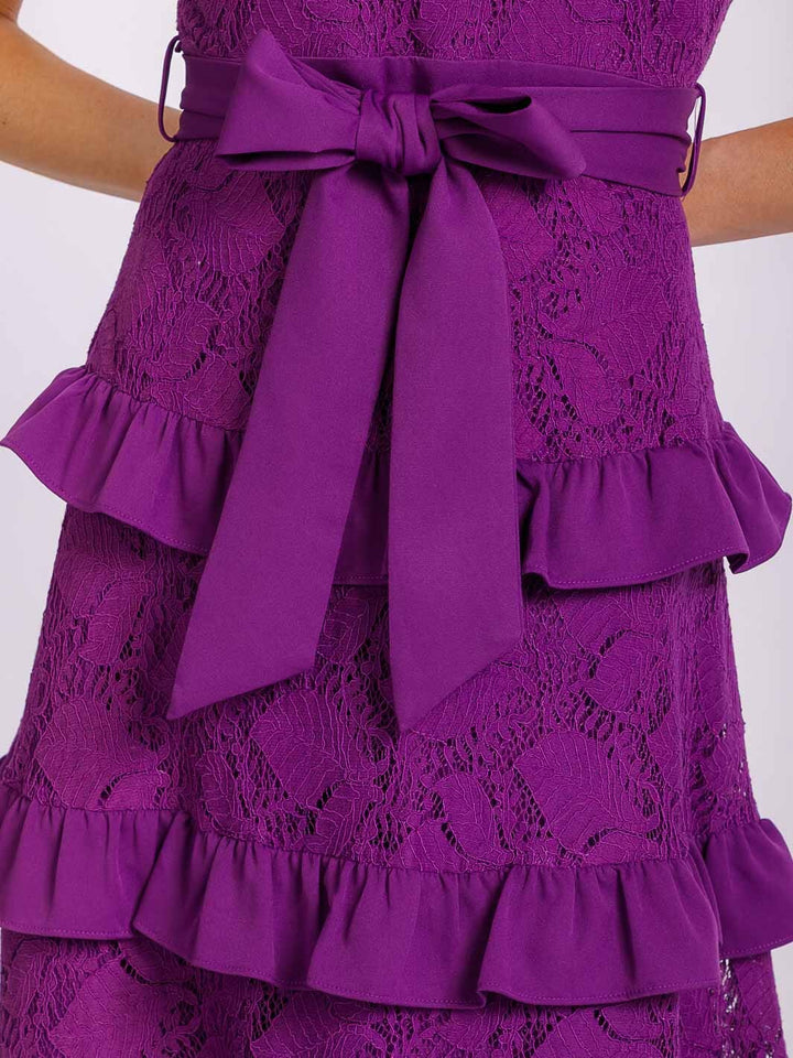 WOMEN'S SLEEVELESS HALTER NECK RUFFLE TIERED LACE SELF TIE MIDI DRESS