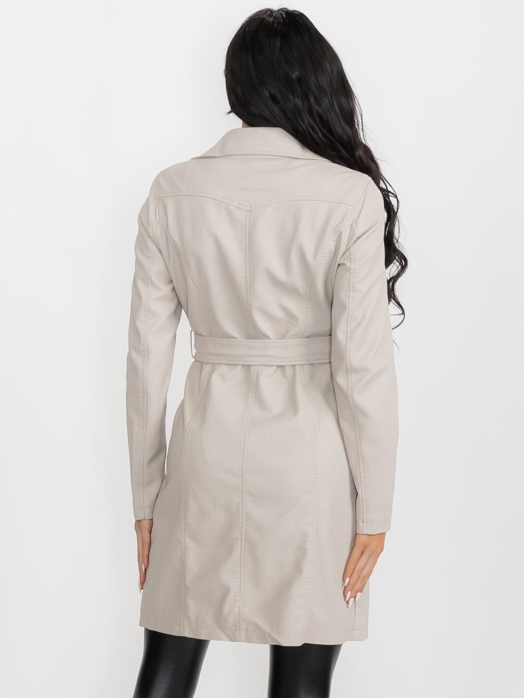 WOMEN'S LONG SLEEVE BUTTON CLOSURE PU PLEATHER COAT