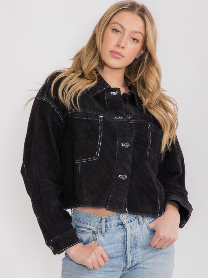 WOMEN'S LONG SLEEVE BUTTON UP FRONT POCKETS CORDUROY JACKET