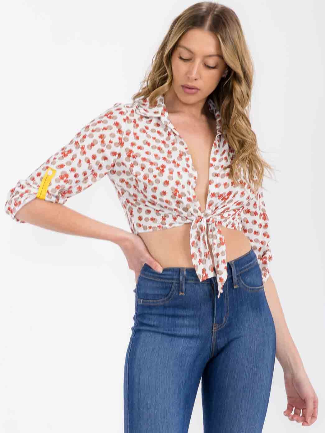 WOMEN'S 3/4 SLEEVE SELF TIE MULTI PRINT CROP TOP