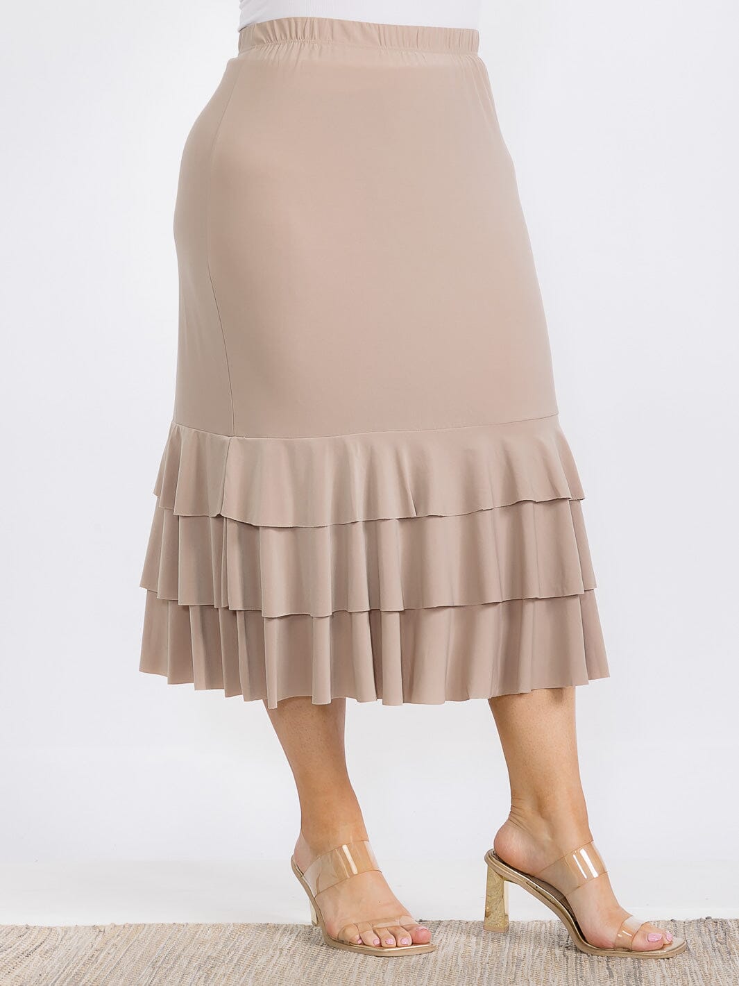 PLUS SIZE ELASTIC WAIST RUFFLE TIERED BOTTOM HEM MIDI SKIRT
