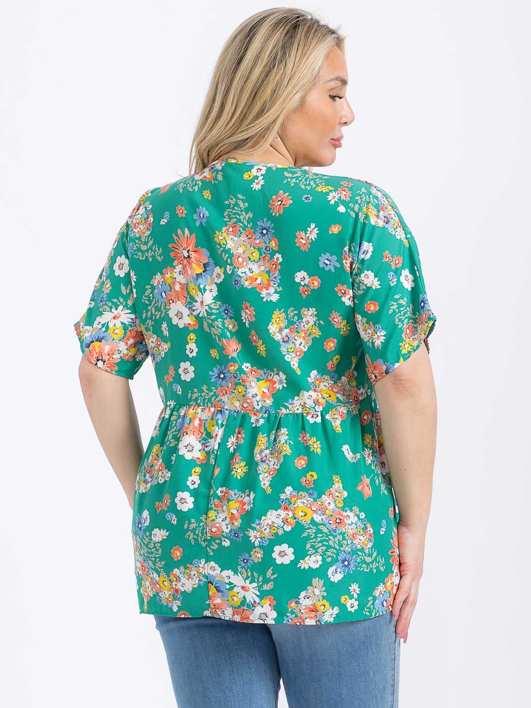 PLUS SIZE SHORT SLEEVE V-NECK FLORAL PRINT BLOUSE