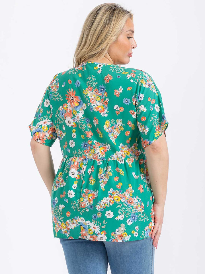 PLUS SIZE SHORT SLEEVE V-NECK FLORAL PRINT BLOUSE