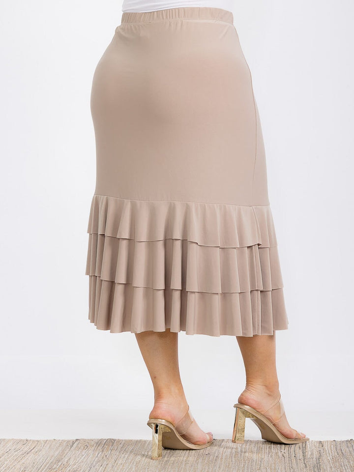 PLUS SIZE ELASTIC WAIST RUFFLE TIERED BOTTOM HEM MIDI SKIRT