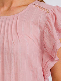 WOMEN'S SHORT RUFFLE SLEEVE SHIMMER DETILED TUNIC BLOUSE