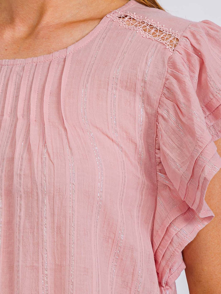 WOMEN'S SHORT RUFFLE SLEEVE SHIMMER DETILED TUNIC BLOUSE