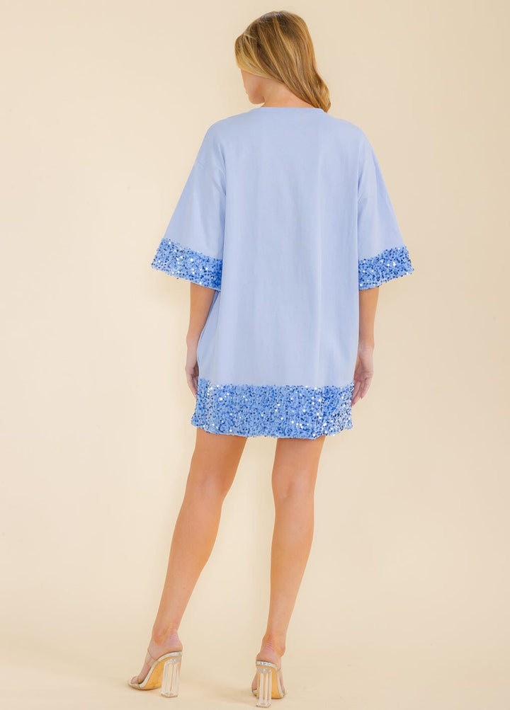 WOMEN'S SHORT SLEEVE FRONT POCKETS SEQUINS TRIM TUNIC MINI DRESS