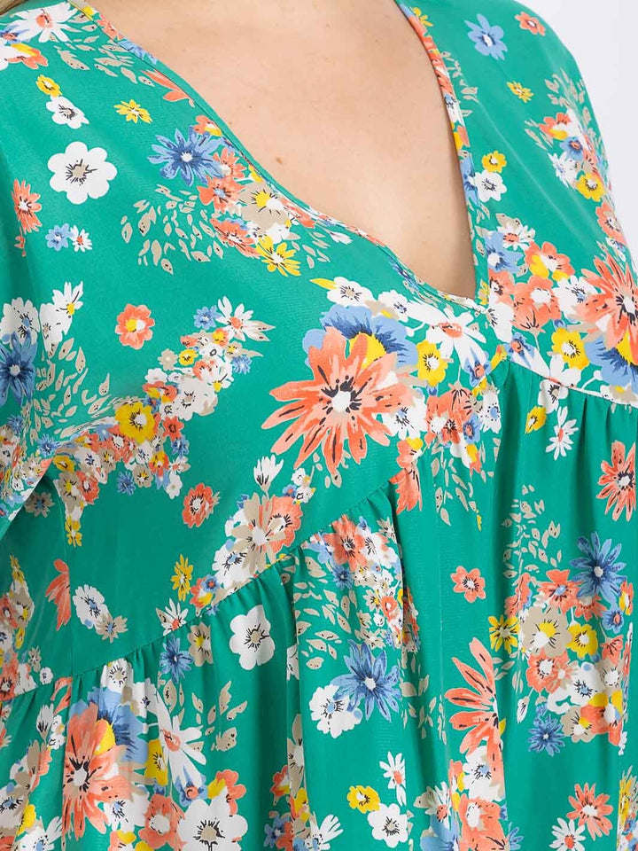 PLUS SIZE SHORT SLEEVE V-NECK FLORAL PRINT BLOUSE