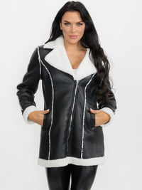 WOMEN'S LONG SLEEVE SHERPA LINING ZIPPER CLOSURE FRONT POCKETS PU PLEATHER COAT