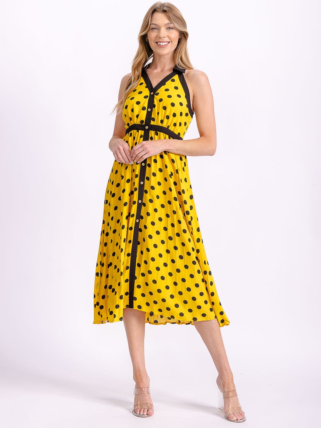 WOMEN'S SLEEVELESS HALTER NECK BUTTON UP POLKA DOTS COLORBLOCK MIDI DRESS