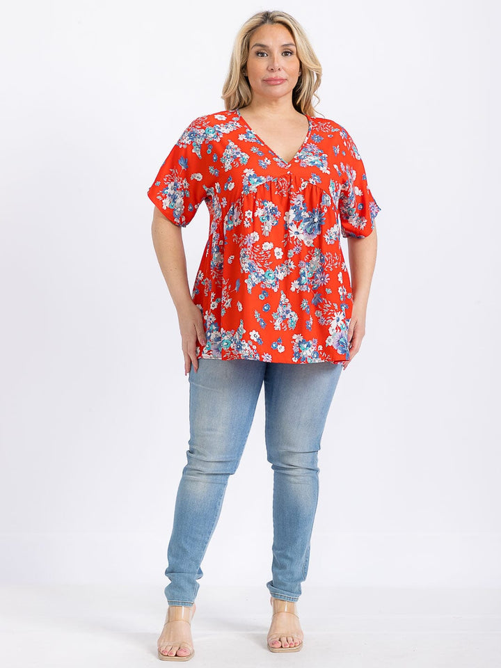 PLUS SIZE SHORT SLEEVE V-NECK FLORAL PRINT BLOUSE