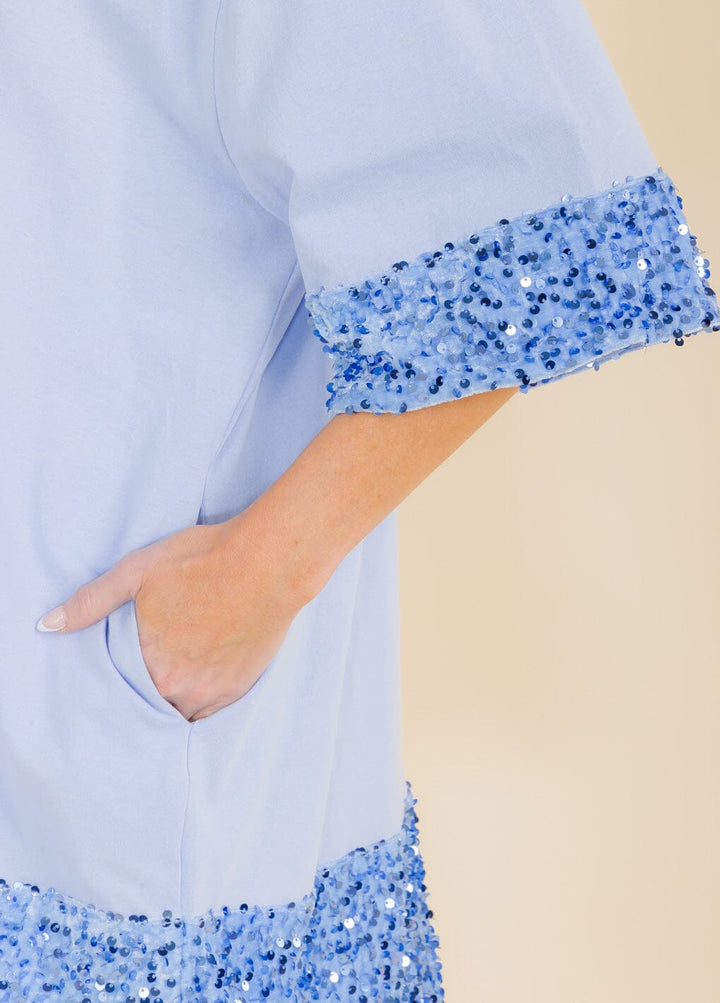 WOMEN'S SHORT SLEEVE FRONT POCKETS SEQUINS TRIM TUNIC MINI DRESS