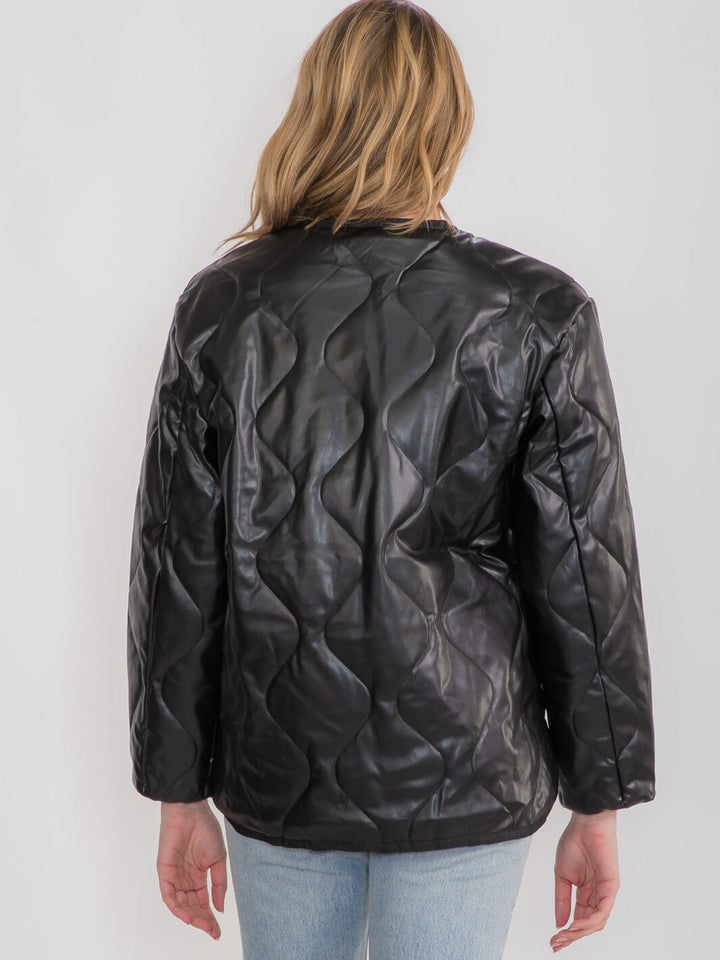 WOMEN'S LONG SLEEVE BUTTON CLOSURE FRONT POCKETS PU PLEATHER JACKET