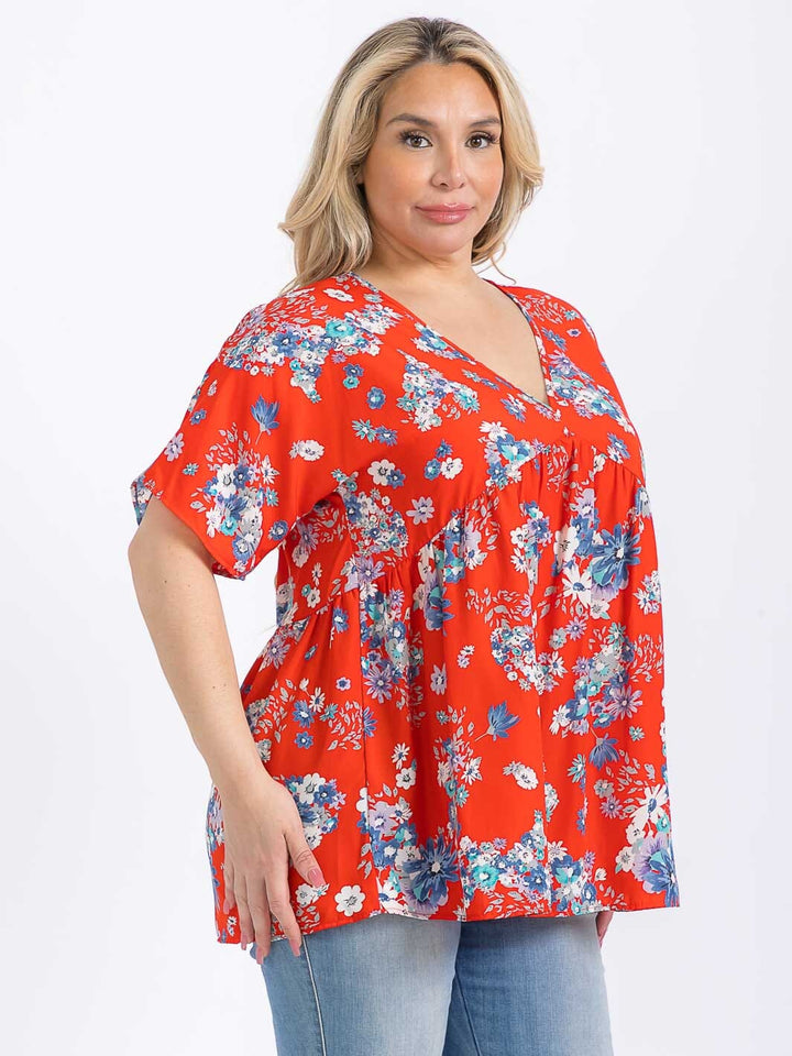 PLUS SIZE SHORT SLEEVE V-NECK FLORAL PRINT BLOUSE
