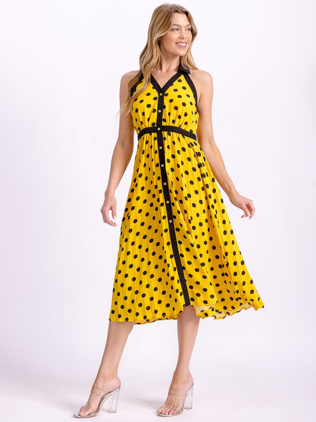 WOMEN'S SLEEVELESS HALTER NECK BUTTON UP POLKA DOTS COLORBLOCK MIDI DRESS