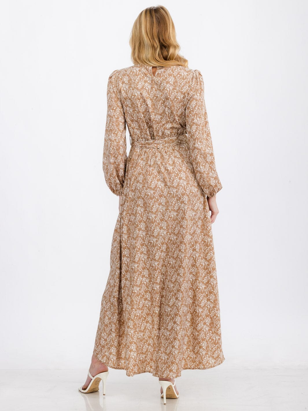 WOMEN'S LONG SLEEVE SELF TIE FLOWER SURPLICE MAXI DRESS