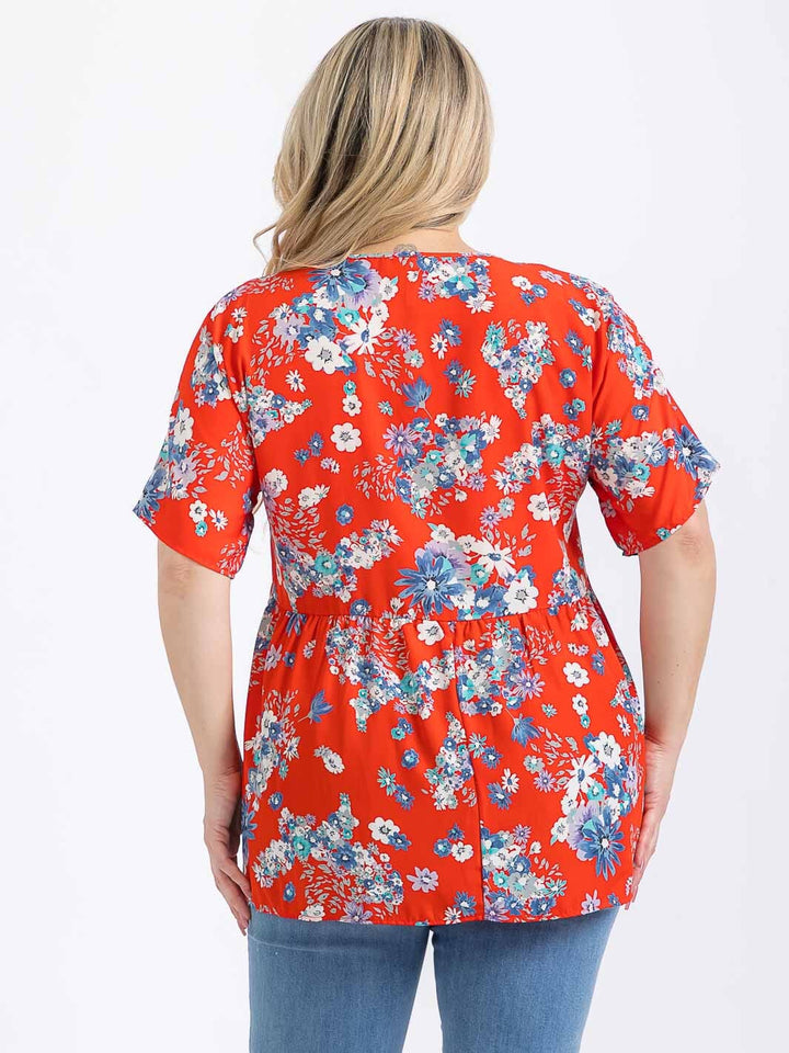PLUS SIZE SHORT SLEEVE V-NECK FLORAL PRINT BLOUSE