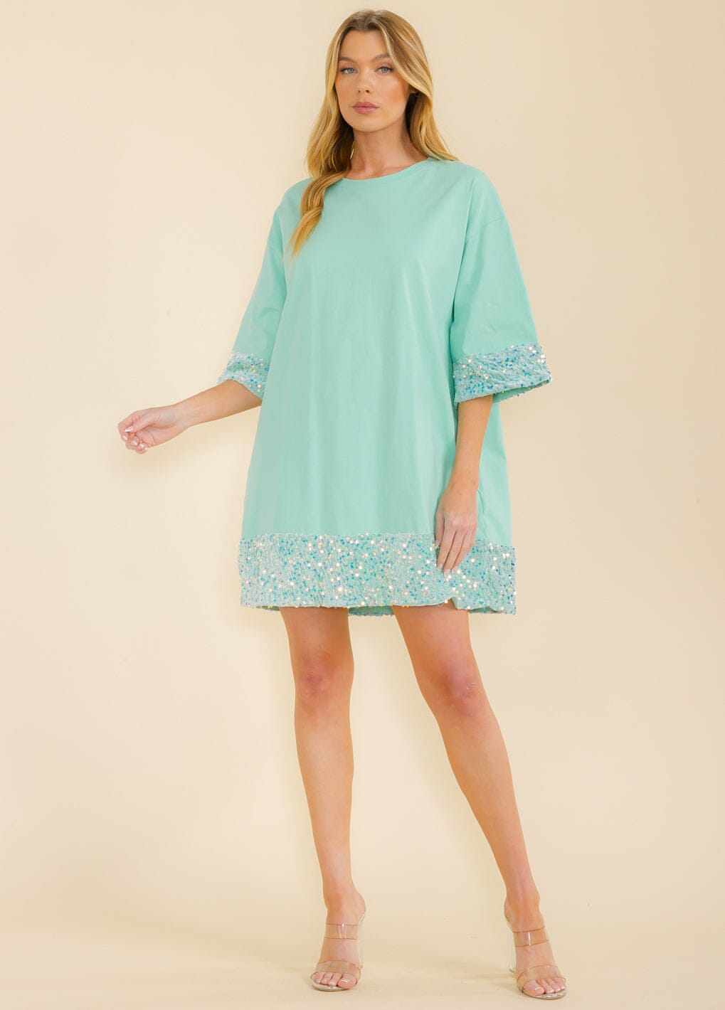 WOMEN'S SHORT SLEEVE FRONT POCKETS SEQUINS TRIM TUNIC MINI DRESS