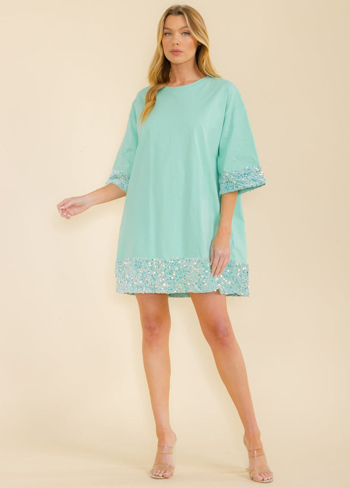 WOMEN'S SHORT SLEEVE FRONT POCKETS SEQUINS TRIM TUNIC MINI DRESS