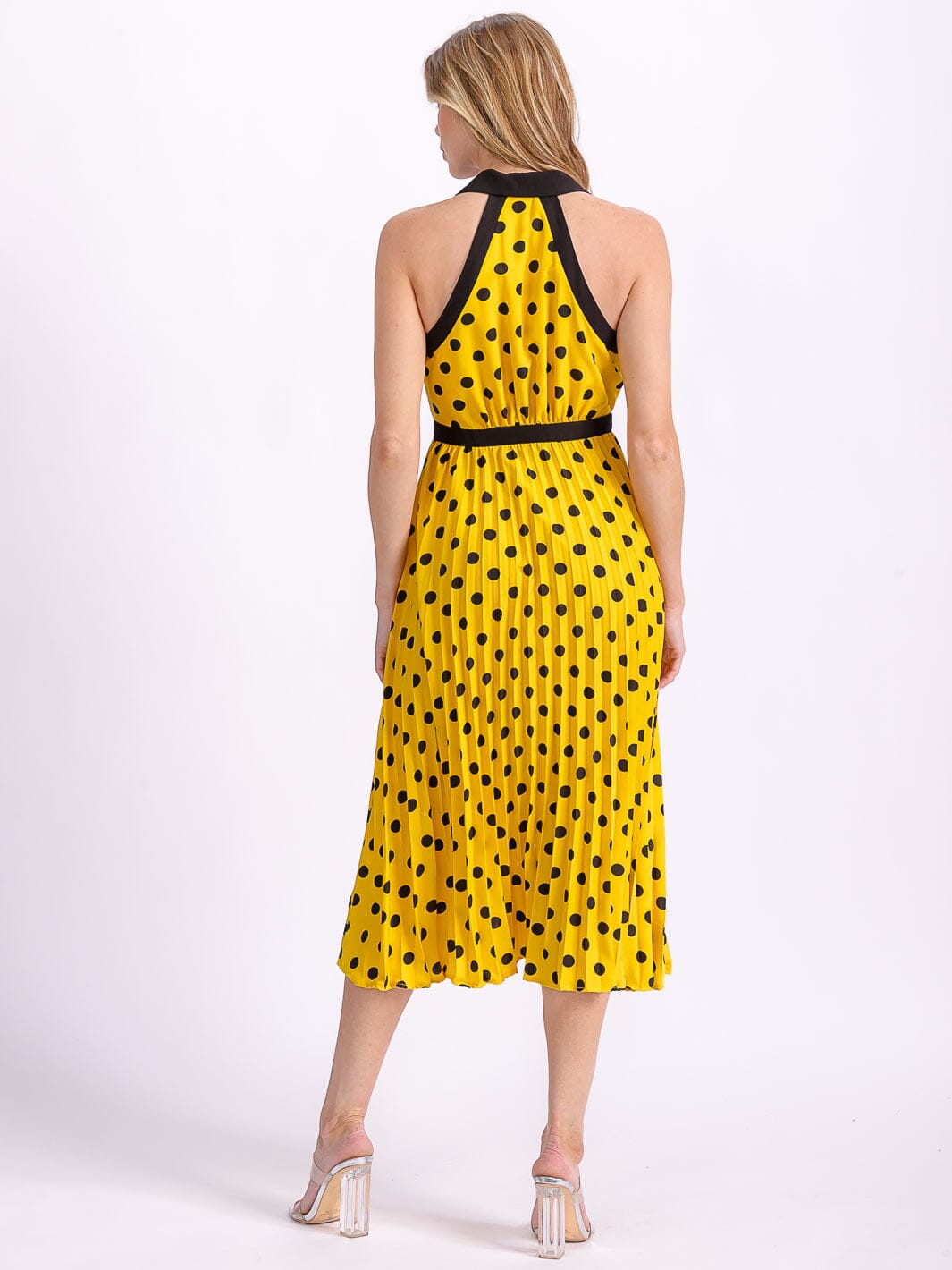 WOMEN'S SLEEVELESS HALTER NECK BUTTON UP POLKA DOTS COLORBLOCK MIDI DRESS