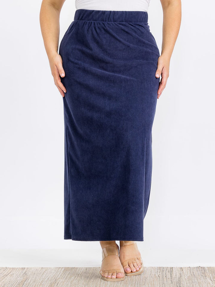 PLUS SIZE ELASTIC WAIST BACK POCKET RIBBED MAXI SKIRT
