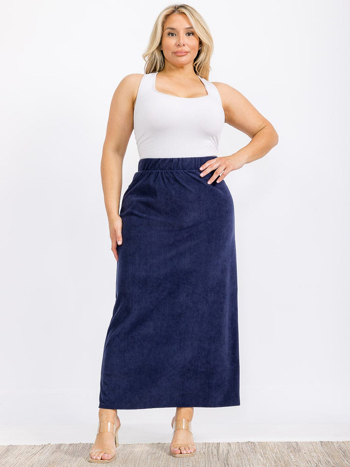 PLUS SIZE ELASTIC WAIST BACK POCKET RIBBED MAXI SKIRT