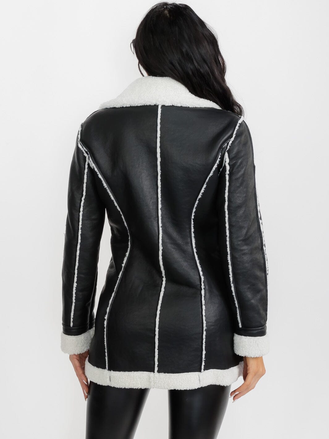 WOMEN'S LONG SLEEVE SHERPA LINING ZIPPER CLOSURE FRONT POCKETS PU PLEATHER COAT