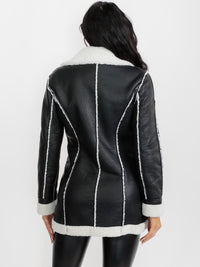 WOMEN'S LONG SLEEVE SHERPA LINING ZIPPER CLOSURE FRONT POCKETS PU PLEATHER COAT