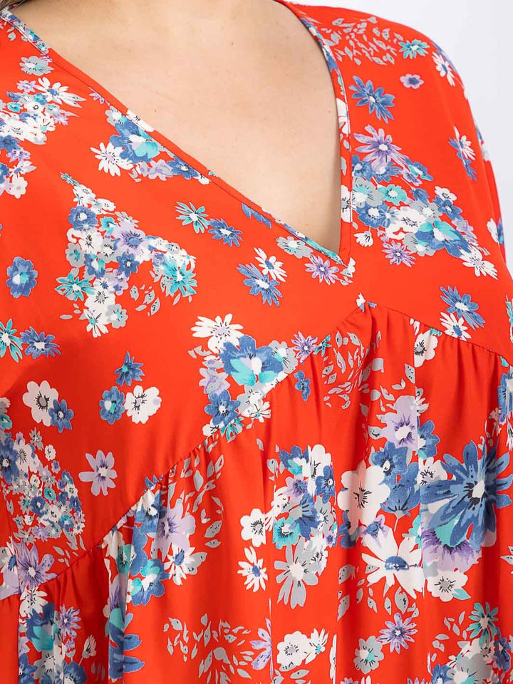 PLUS SIZE SHORT SLEEVE V-NECK FLORAL PRINT BLOUSE