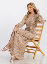 WOMEN'S LONG SLEEVE SELF TIE FLOWER SURPLICE MAXI DRESS