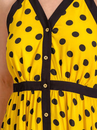 WOMEN'S SLEEVELESS HALTER NECK BUTTON UP POLKA DOTS COLORBLOCK MIDI DRESS