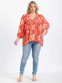 PLUS SIZE LONG SLEEVE V-NECK MULTI PRINT HIGH-LOW BLOUSE
