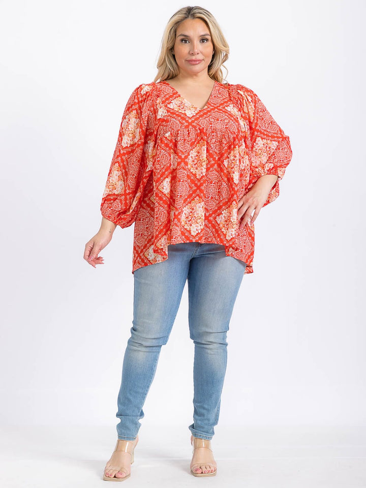 PLUS SIZE LONG SLEEVE V-NECK MULTI PRINT HIGH-LOW BLOUSE