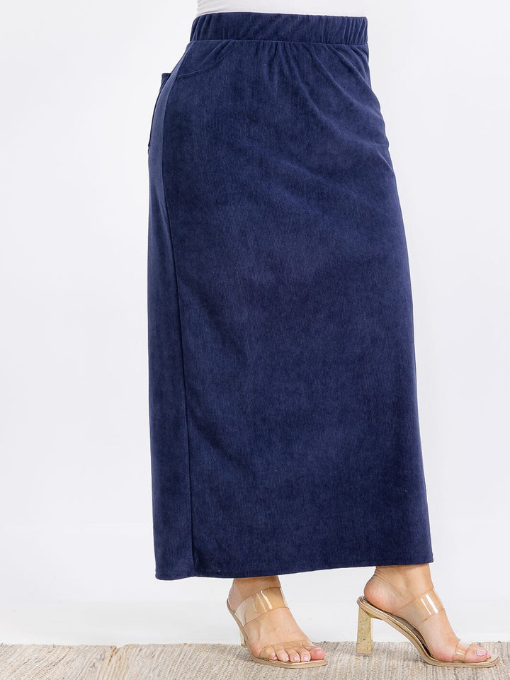 PLUS SIZE ELASTIC WAIST BACK POCKET RIBBED MAXI SKIRT