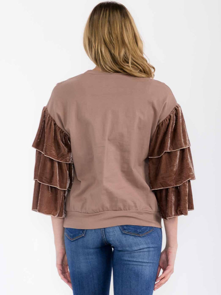 WOMEN'S 3/4 RUFFLE SLEEVE VELVET SOLID BLOUSE
