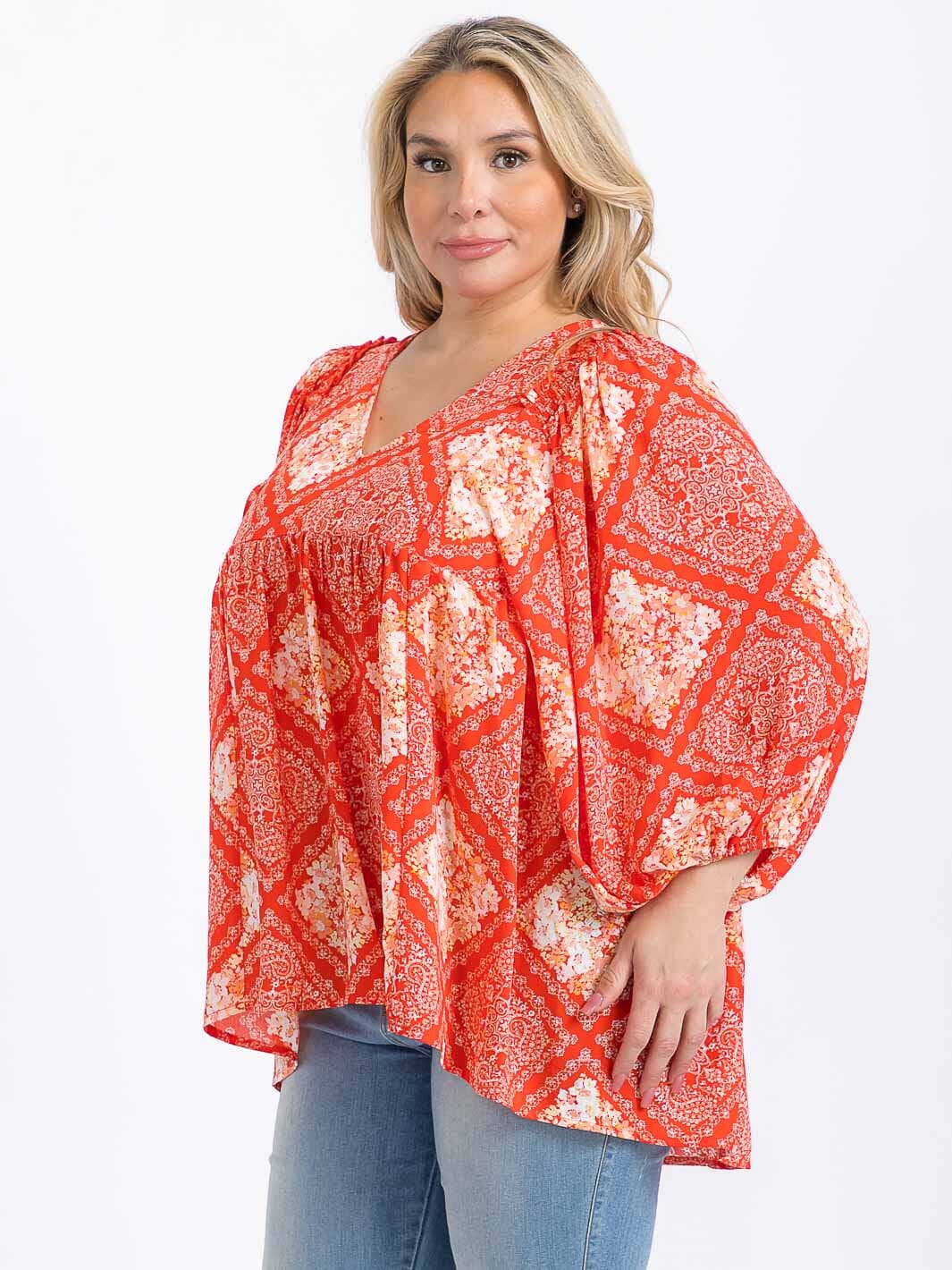 PLUS SIZE LONG SLEEVE V-NECK MULTI PRINT HIGH-LOW BLOUSE