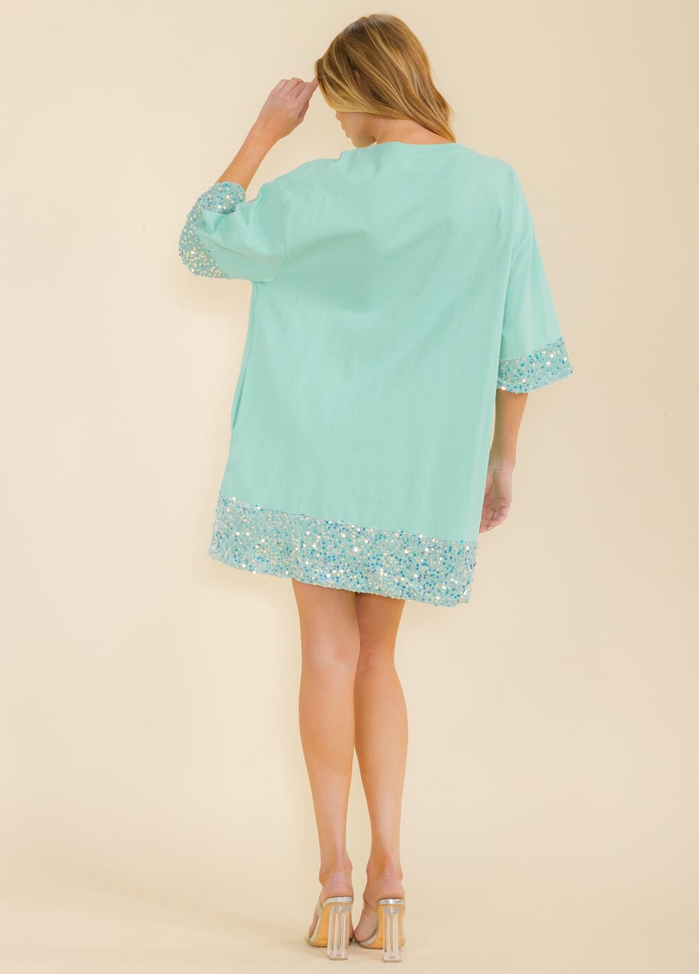 WOMEN'S SHORT SLEEVE FRONT POCKETS SEQUINS TRIM TUNIC MINI DRESS