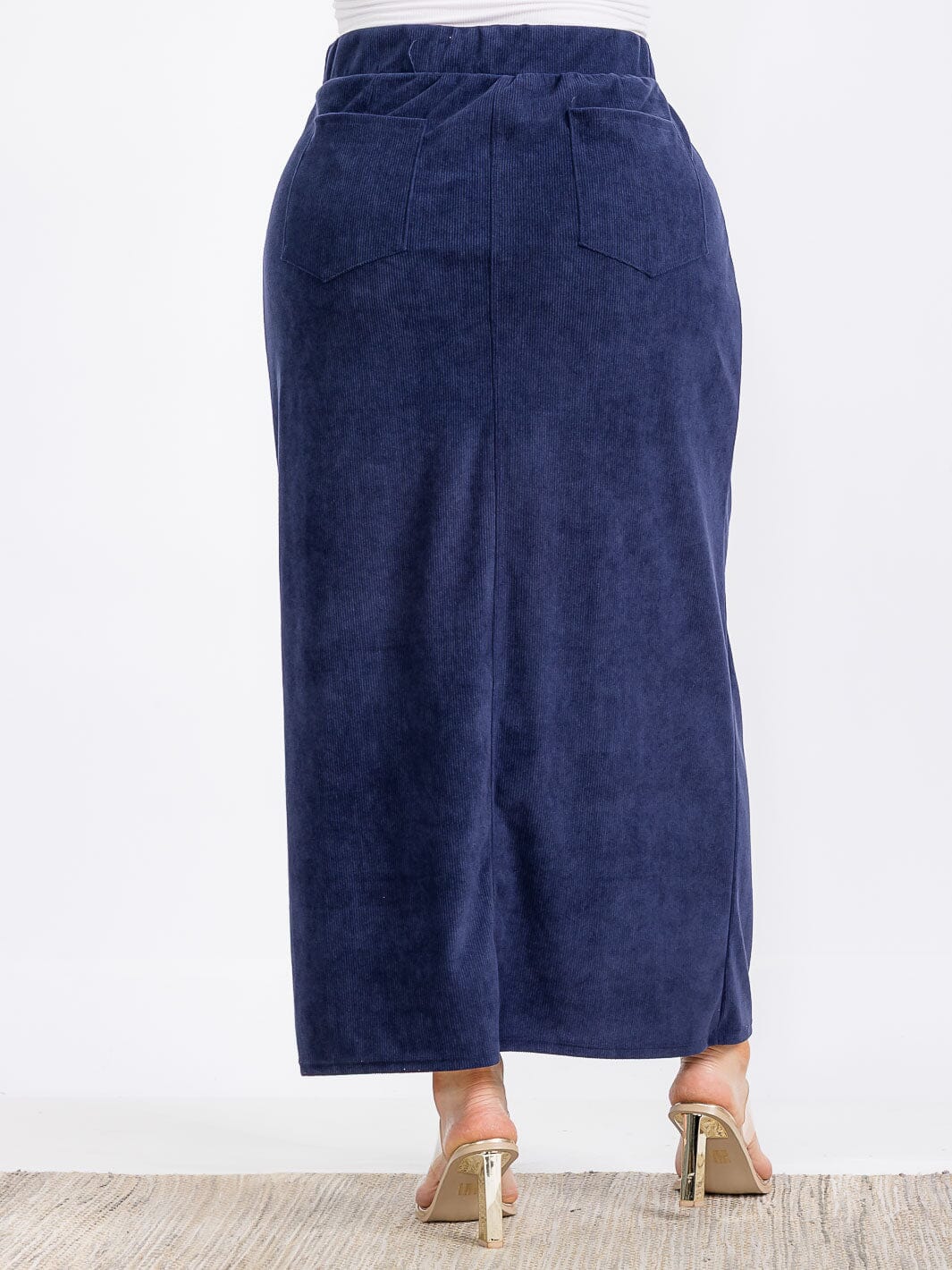 PLUS SIZE ELASTIC WAIST BACK POCKET RIBBED MAXI SKIRT