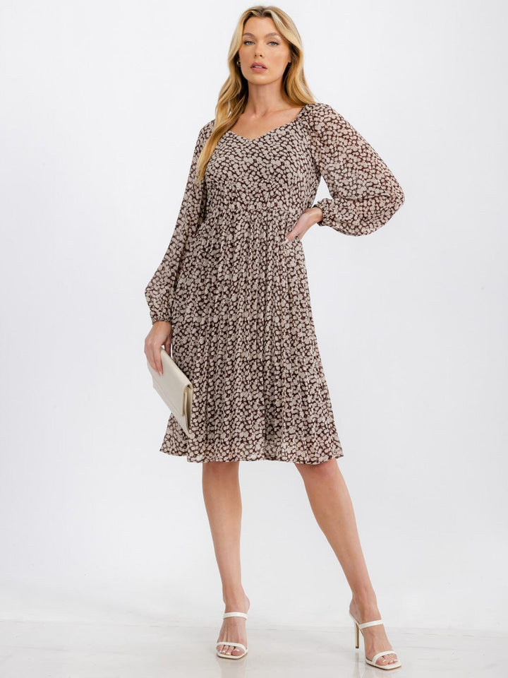 WOMEN'S LONG SLEEVE ELASTIC WAIST FLORAL MIDI DRESS