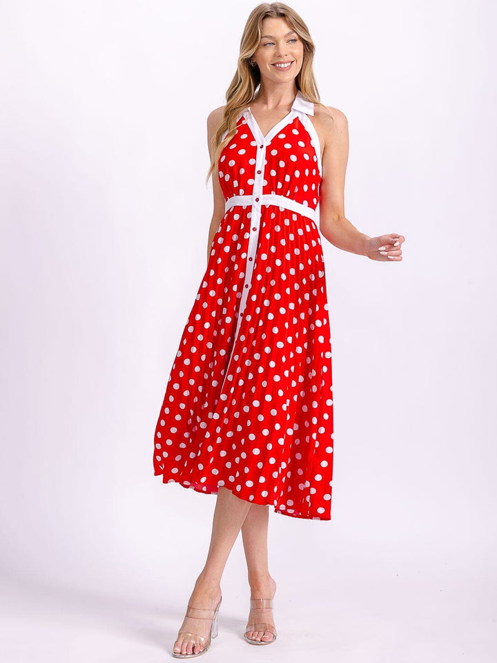 WOMEN'S SLEEVELESS HALTER NECK BUTTON UP POLKA DOTS COLORBLOCK MIDI DRESS