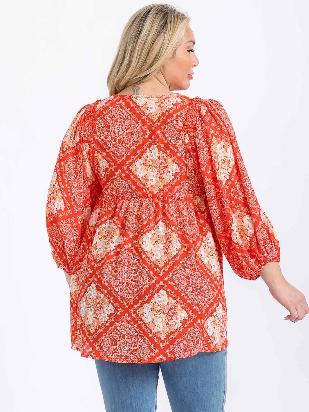 PLUS SIZE LONG SLEEVE V-NECK MULTI PRINT HIGH-LOW BLOUSE