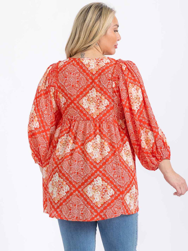 PLUS SIZE LONG SLEEVE V-NECK MULTI PRINT HIGH-LOW BLOUSE