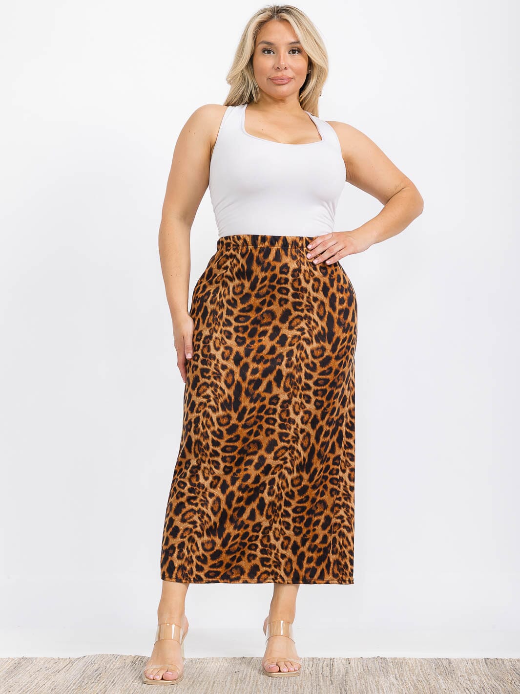 PLUS SIZE ELASTIC WAIST LEOPARD PRINT MAXI SKIRT