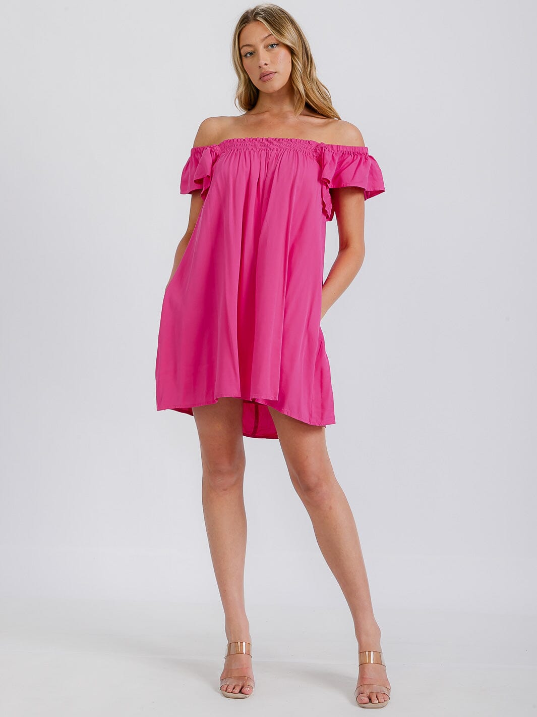 WOMEN'S RUFFLE SLEEVE OFF SHOULDER WOVEN MINI DRESS