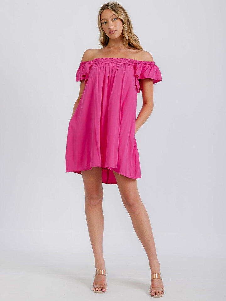 WOMEN'S RUFFLE SLEEVE OFF SHOULDER WOVEN MINI DRESS