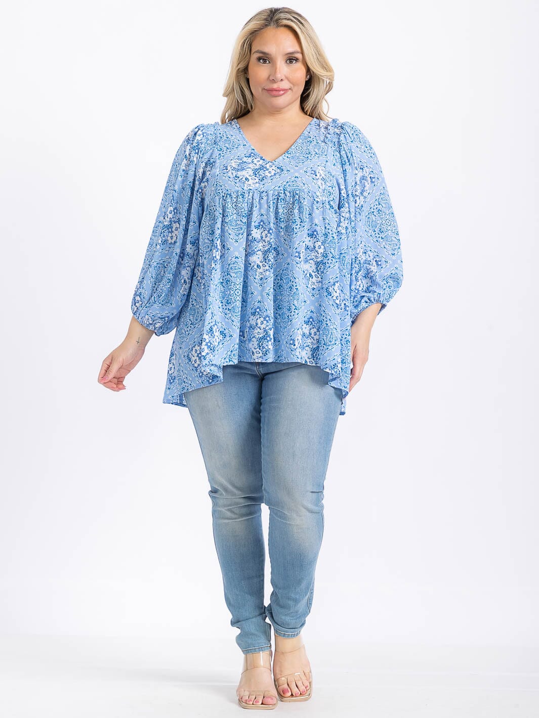 PLUS SIZE LONG SLEEVE V-NECK MULTI PRINT HIGH-LOW BLOUSE