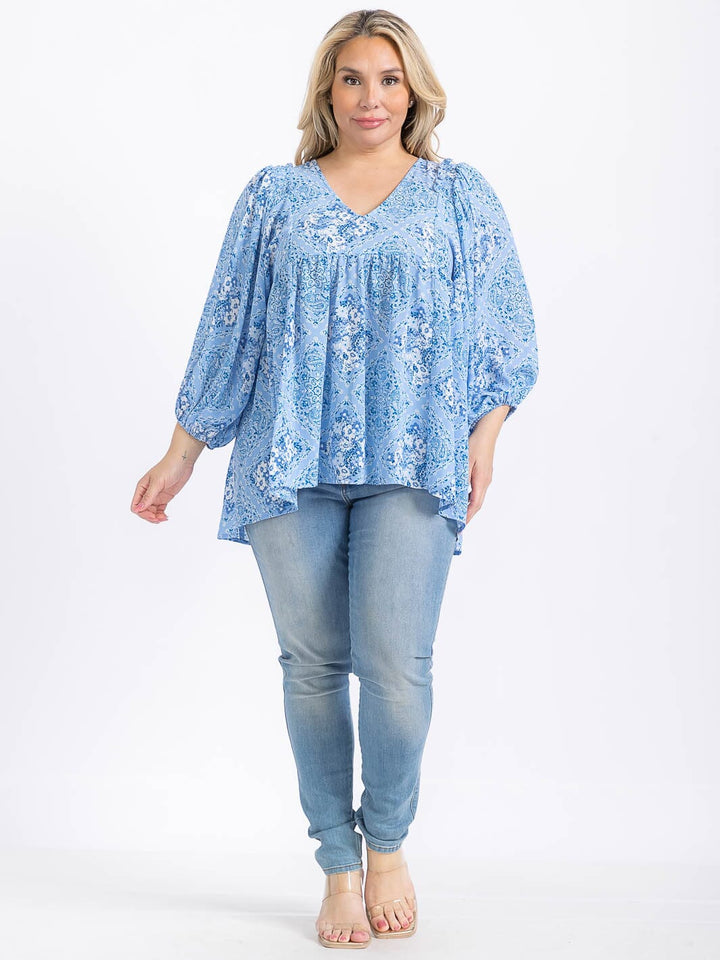 PLUS SIZE LONG SLEEVE V-NECK MULTI PRINT HIGH-LOW BLOUSE